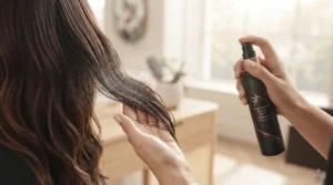 Demonstration of using heat protection spray before using flat irons for hair health.