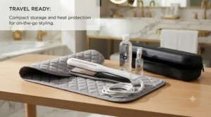 Travelling hair care kit featuring a dual-voltage steam straightener and heat-resistant mat.