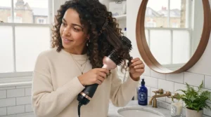 Sectioned curly hair clipped neatly in place, ready for styling with a volumising air brush.