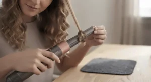 Hands using a small curling barrel attachment to style a fringe and fine front sections of hair.