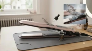 Close-up of a steam hair straightener showing the integrated water tank and moisture vents used to reduce heat damage.