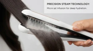 Macro shot of water vapor mist releasing from the micro-jet vents of a hair styler.