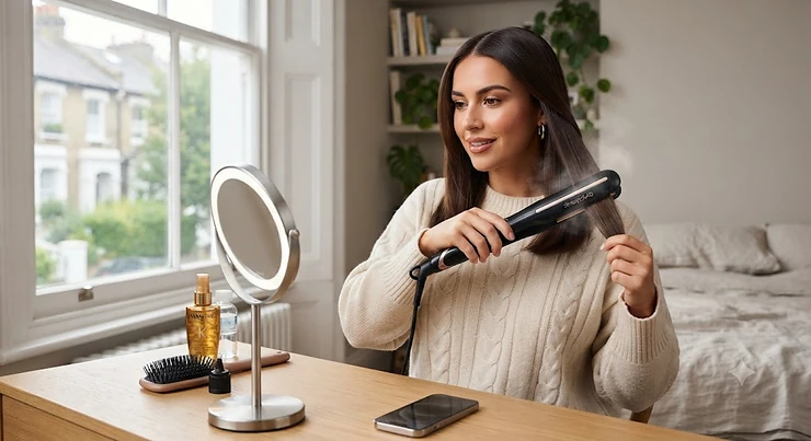 A woman styling her dry hair at home using a sleek steam straightener for a smooth, glossy finish. steam straighteners for dry hair