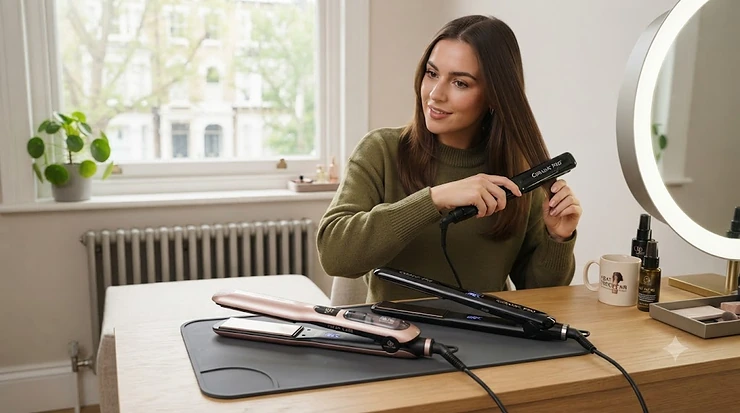 Side-by-side comparison of a professional steam hair straightener and a ceramic hair styling iron on a modern vanity table, highlighting UK beauty appliance choices. steam straighteners vs ceramic straighteners