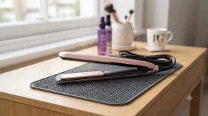 Ionic straighteners resting safely on a heat-resistant silicone mat on a dressing table.