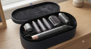 An elegant storage bag displaying a hair styling wand handle, heat-resistant glove, and multiple attachments neatly organised.