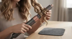 Woman using a large barrel attachment from a styling wand set to create loose, effortless waves in medium-length hair. styling wand set with attachments