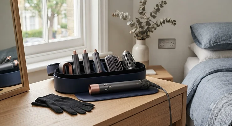 A complete styling wand set with interchangeable attachments laid out on a dressing table, showing a curling barrel, brush heads, and a diffuser. styling wand set with attachments