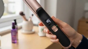 Close-up of digital temperature control panel on a professional ionic hair styler.