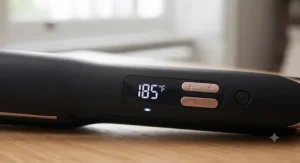 Close-up of digital temperature control settings on a professional steam hair straightener.