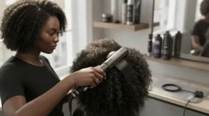 Stylist using a titanium hair straightener to smooth thick, coarse hair efficiently.