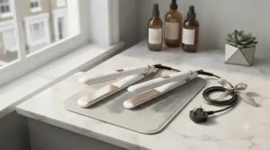 Compact hair straighteners packed neatly inside a travel wash bag for weekend breaks.