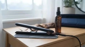 The compact hair straightener and its coiled cable neatly stored inside a stylish navy blue heat-proof travel pouch.