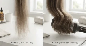 Before and after styling fine hair to achieve root lift with a large barrel round brush dryer.