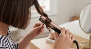 Using a rounded-barrel mini travel straightener to create loose waves in short bobs.