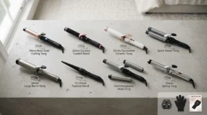 Flat lay of various affordable curling tongs under £30 highlighting different barrel sizes for UK shoppers.