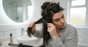 Woman spraying a heat defence mist onto thick hair prior to styling with professional curling tongs.