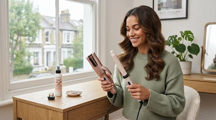 Woman with glossy waves comparing an automatic curler and a curling wand in a modern bathroom. automatic curlers vs curling wands