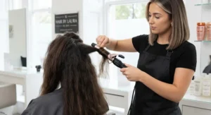 Close-up flat lay comparing a 32mm and 38mm ceramic barrel curling tong designed for managing thick hair.
