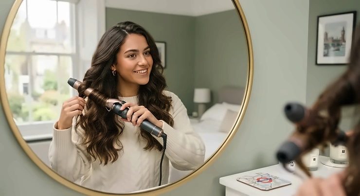 Professional styling demonstration showing long, thick hair being wrapped around a wide barrel curling tong in a bright, modern British salon. curling tongs for thick hair