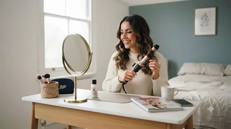 A collection of the best budget curling tongs under £30 arranged neatly on a vanity table, ready for creating bouncy waves. curling tongs under £30