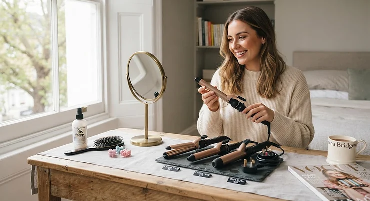 A curated collection of the best budget-friendly curling wands under £30 arranged neatly on a pastel vanity table, illuminated by natural light. curling wands under £30
