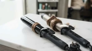Close-up comparison of ceramic and titanium barrel surfaces on professional curling tongs.