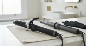 Side-by-side comparison of a traditional clamped curling tong and a clipless styling wand suited for thick hair.