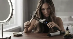 A close-up view showing the model's hands wrapping a section of long hair around a clipless ceramic curling wand barrel to achieve a natural wave pattern