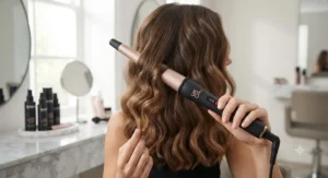 Diagram showing the tapered barrel of a conical curling wand for creating loose, natural waves.