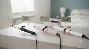Infographic comparing barrel diameters and heat settings available on budget curling tongs.