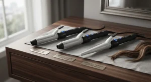 A comparison of professional curling wands featuring different barrel diameters (25mm medium curl, 32mm loose wave, and a conical wand) resting on a dark wood vanity to illustrate varied styling options for long hair