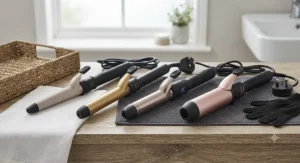 A close-up comparison of different sized barrels on affordable curling wands, showing various styling options from tight curls to loose waves.