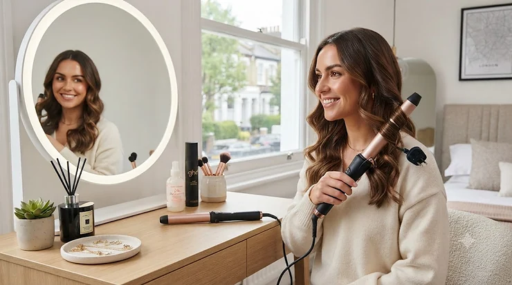 Side-by-side comparison of a clamp-free curling wand and traditional curling tongs on a vanity table, highlighting the difference in barrel design for UK hair styling. curling wand vs curling tongs