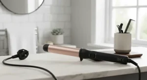 Close-up of a cylindrical curling wand with an even barrel width for uniform, classic curls.
