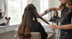 Sectioning long, thick hair around a wide cylindrical barrel for fast, even heat distribution.