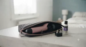 Compact travel-friendly curling tongs packed neatly into a heat-resistant pouch for UK holidays.