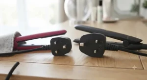 Dual-voltage mini travel straightener featuring a standard 3-pin UK plug adaptor for international trips.
