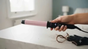 Close-up of a hand holding an ergonomic curling wand handle, showing comfortable grip and digital temperature controls.