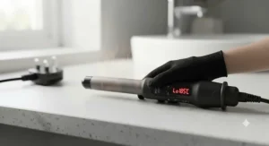 A close-up of the curling wand plugged into a UK socket, showing the digital display rapidly heating up and a subtle heat haze rising from the barrel.