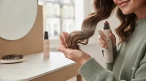 A can of strong-hold hairspray misting a finished blowout style of loose waves to ensure long-lasting hold throughout the day.