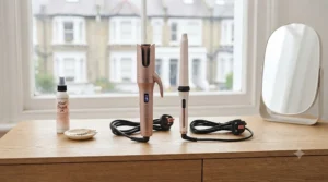 Side-by-side layout of automatic rotating hair curlers and traditional curling wands on a neutral background.