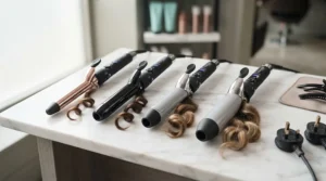 Guide illustrating which curling tong barrel width suits fine, thick, short, and long hair types.