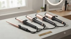 Selection of various barrel diameters for curling wands and tongs, showing how barrel size affects curl tightness from tight ringlets to loose waves.