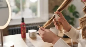 Applying heat protectant spray evenly through dry hair before using heated styling tools.