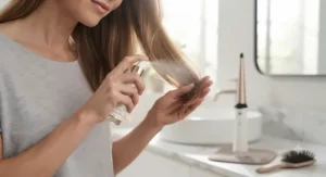 Applying a heat protectant spray to blonde hair before styling with a heated hair wand.