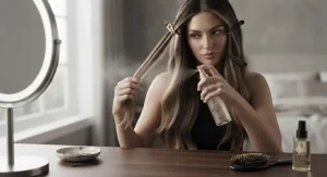A close-up of the model with sectioned long hair, holding a bottle of heat defence spray and actively applying a fine mist to a section before styling to prevent heat damage