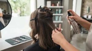 Spraying heat protection spray onto British hair before styling with curling tongs to prevent heat damage.