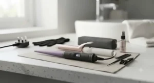 A hand wearing a black heat-resistant glove holding the cool tip of the heated ceramic curling wand, demonstrating safe usage.