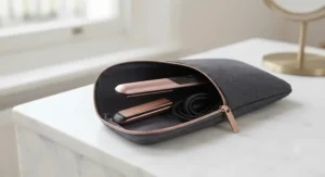 Mini travel straighteners stored safely inside a thermal heat-resistant travel pouch.